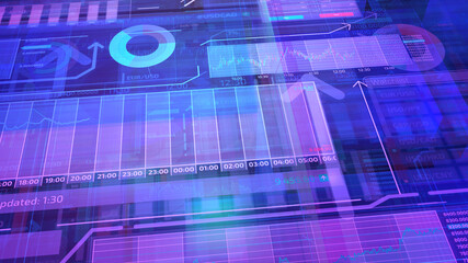Violet background with layers of stock trading data.