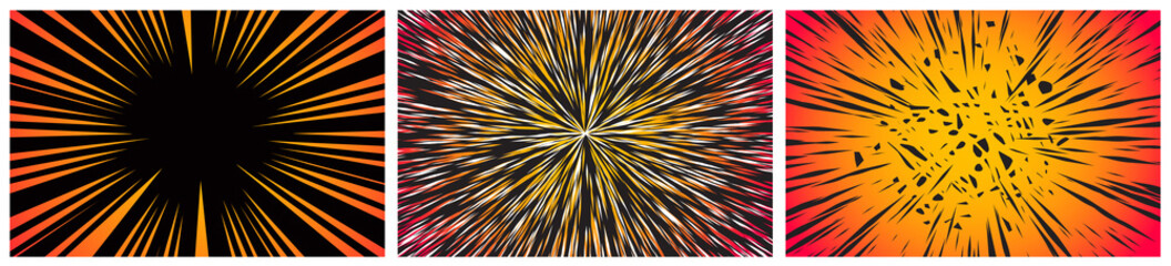 Set of 3 Hyper Speed Warp Sun Rays or Explosions. Boom for Comic Books. Radial Background. Vector.