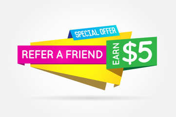 Refer a friend colorful banner or poster. Referral Campaign. Refer and Earn Money. Affiliate Program. Vector.
