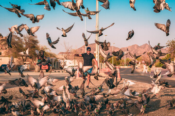 Man is running towards birds 