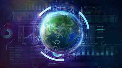 Planet Earth in space and infographics on the theme of Travel Economics