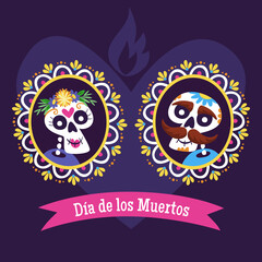 Day of the Dead (Día de los Muertos) card. Cartoon Mexican skull couple portrait into a decorative frame. Cute vector Illustration.