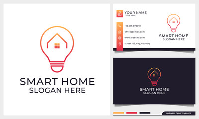 House and light bulb lamp logo design combination with line art style. line logo with home building icons and business card design template