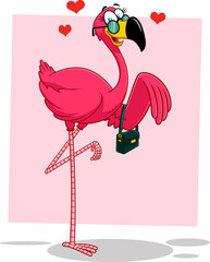 Flamingo Bird Girl Cartoon Character With Sunglasses And Handbag. Vector Illustration Isolated On White Background