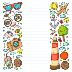 Flat design style modern vector illustration icons set of traveling on airplane, planning a summer vacation, tourism and journey objects.