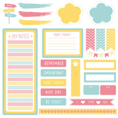 Cute paper notes in sweet color set. Printable planner stickers. Set of daily planning stickers. Scrapbooking decorative. Vector illustration.