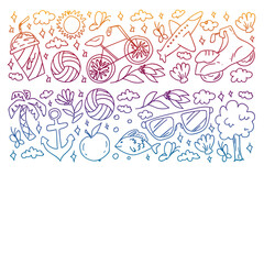 Flat design style modern vector illustration icons set of traveling on airplane, planning a summer vacation, tourism and journey objects.