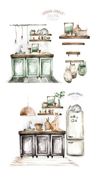 Hand Paint Watercolor Scandinavian Modern Kitchen Set. Isolated Furniture For Interior. Food Theme. Vintage Interior Bohemian Background With Mid Century Modern Furniture Interior Decor Scene.Cozy