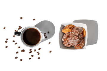 Cup of coffee and a plate of cookies on a white background.