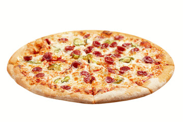 Pizza with bavarian sausages, Mozzarella cheese, onion and cucumbers isolated on white background