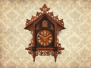 Wooden cuckoo clock on vintage wallpaper. 3D rendering illustration