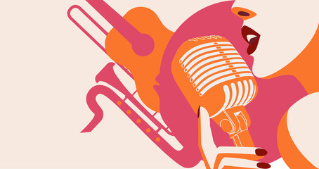 bright music-themed banner for the international day of music. Image of a beautiful girl singing into a microphone, musical instrument  in the trending colors of autumn. EPS10
