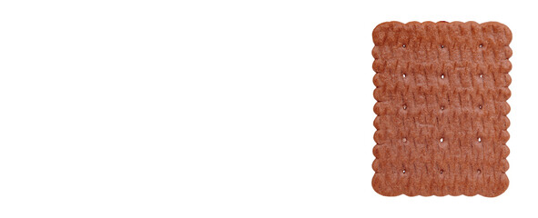 Brown crunchy biscuit, chocolate cookie. Isolated on white background, copy space template, banner.