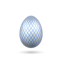 Easter egg 3D icon. Blue silver egg, isolated white background. Bright realistic design, decoration for Happy Easter celebration. Holiday element. Shiny pattern. Spring symbol. Vector illustration