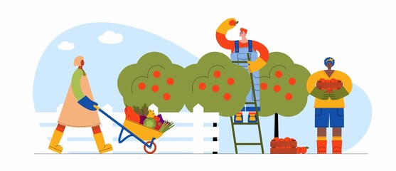 Banner with male and female characters gardener and farmer harvesting. People getting harvest on the farm. Flat cartoon vector illustration organic harvest and garden tools