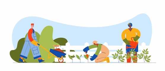 Male and female characters gardener and farmer working in garden. People planting seedlings, watering plants and fertilizing soil. Flat cartoon vector illustration organic farm and tools.