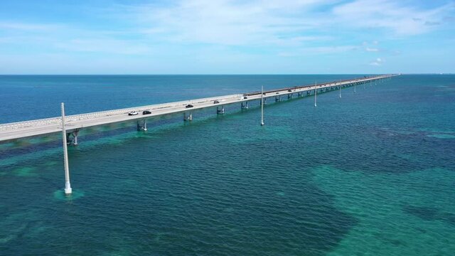 Aerial shot of the Seven Mile Bridge in Florida which connects several of the Florida Keys on the way to Key West
