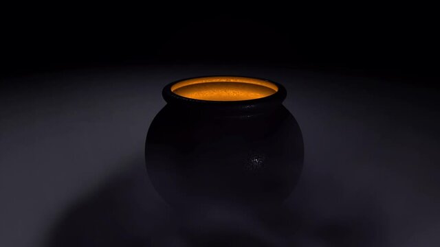 Cauldron of Witch with yellow light and copy space in Smoky dark Full HD footage for Halloween or event with Magic. 3D animation with lighting Pot and smoke. Dissolve transition in the end.