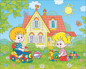 Small children playing with toys among flowers on green grass of a front lawn of their house on a sunny summer day, vector cartoon illustration