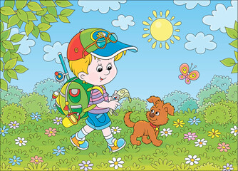 Obraz na płótnie Canvas Little boy traveler with a backpack, a map, a compass and his small pup walking through a forest on a sunny summer day, vector cartoon illustration