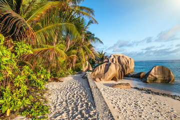 Granite Rocks of Seychelles Islands with beautiful background sky at sunset, Africa © jovannig
