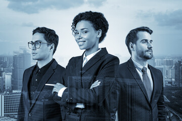 Three successful business consultants standing in a row in suits and ready to tackle with customer problem. Singapore cityscape. Multinational corporate team. Double exposure.