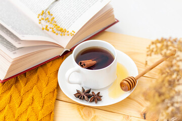 aromatic hot cinnamon tea covered with a warm scarf on a wooden autumn background. honey dipper with honey. comfortable reading a book