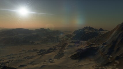 alien Planet, fantasy landscape, view from the surface of an exo-planet, science fiction landscape, 3d Render