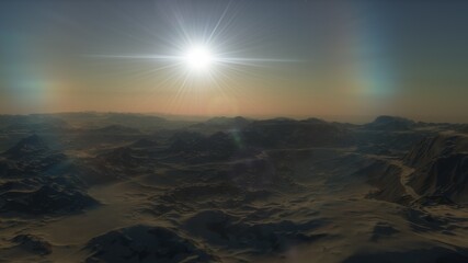 alien Planet, fantasy landscape, view from the surface of an exo-planet, science fiction landscape, 3d Render