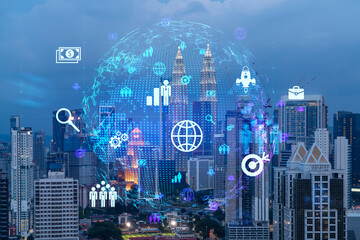 Glowing Social media icons on night panoramic city view of Kuala Lumpur, Malaysia, Asia. The concept of networking and connections between people and businesses in KL. Double exposure.