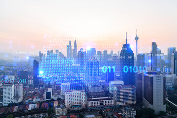 Glowing hologram of Earth planet map on aerial panoramic cityscape of Kuala Lumpur at sunset, Malaysia, Asia. The concept of international business in KL. Multi Exposure.