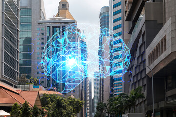 Brain hologram over panorama city view of Singapore, the largest science hub in Asia. The concept of developing coding and high-tech science. Double exposure.