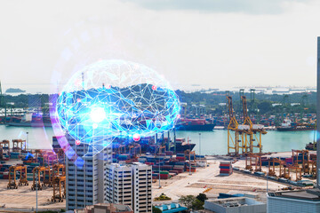 Brain hologram over panorama city view of Singapore, the largest science hub in Asia. The concept of developing coding and high-tech science. Double exposure.