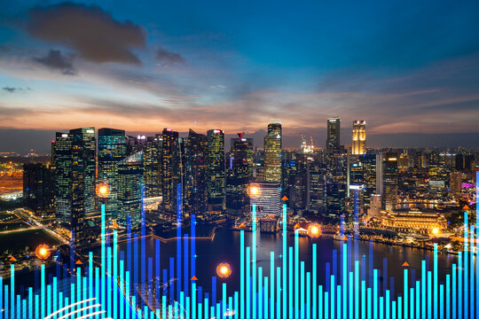Market behavior graph hologram, sunset panoramic city view of Singapore, popular location to achieve financial degree in Asia. The concept of financial data analysis. Double exposure.
