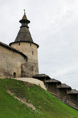 The bonfire tower with wooden roof of Pskov kremlin (krom) medieval fortress, famous landmark of Russia