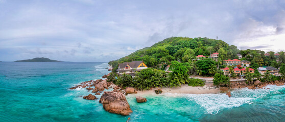 La Digue, Seychelles. Aerial view of Anse Patates at sunset