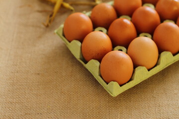Tray of raw farm eggs on sackcloth background 
