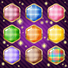 Scotch hexagon in border gold for match 3 puzzle game. Vector illustration.