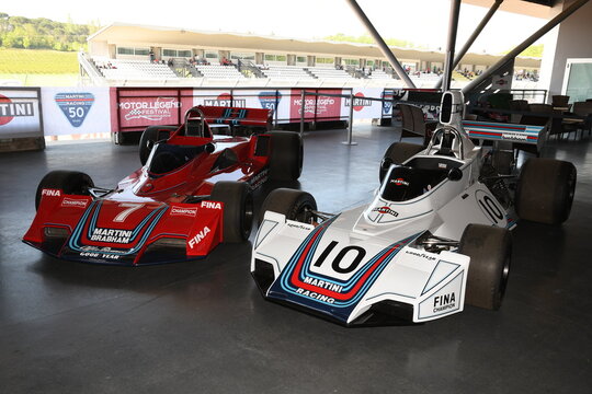 21 April 2018: Historic F1 Cars Brabham BT44 and BT45 sponsorized by Martini Racing exposed at Motor Legend Festival 2018 at Imola Circuit in Italy.