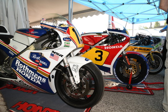 Imola, 21 April 2018: Honda NSR 500 of legendary driver Freddie Spencer at Motor Legend Festival 2018 at Imola Circuit in Italy.