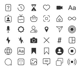 Outline set icons for social media. Icons collection to use for web and mobile UI, UX, KIT app. Basic elements set of social media user interface. Icons outline isolated on white background. Vector