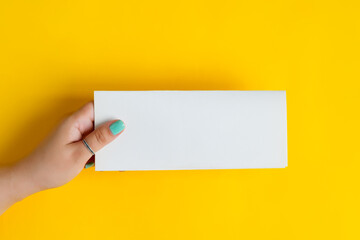 White mockup paper brochure in a woman's hand.