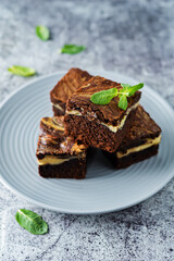 Fototapeta na wymiar Cream cheese chocolate brownie with mint leaves