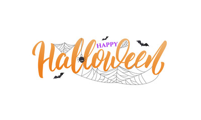 Happy Halloween lettering concept. Holiday calligraphy for Halloween with spider web and bats