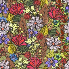 Fototapeten Bright brown doodle floral seamless pattern with mess of color flowers and leaves. Childish summer texture with red and purple blossoms for textile, wrapping paper, background, surface, wallpaper © Tatahnka
