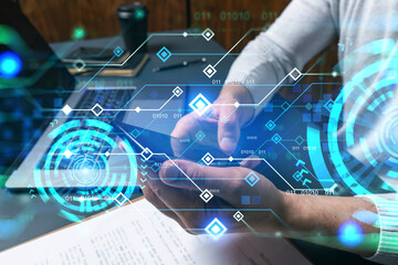 Man using phone. Hands typing smartphone. Double exposure with technology hologram. Close up. Testing new app concept.
