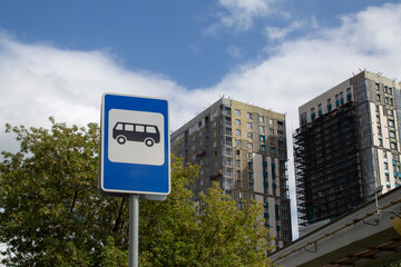Bus stop sign in a big city. Bus Parking.