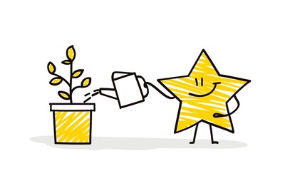 Doodle stick figures: Funny star watering a potted plant. © Anna