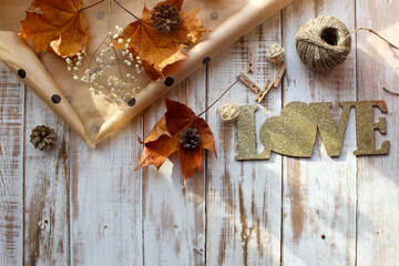 Autumn still life, top view packaging of gifts for the holiday.
