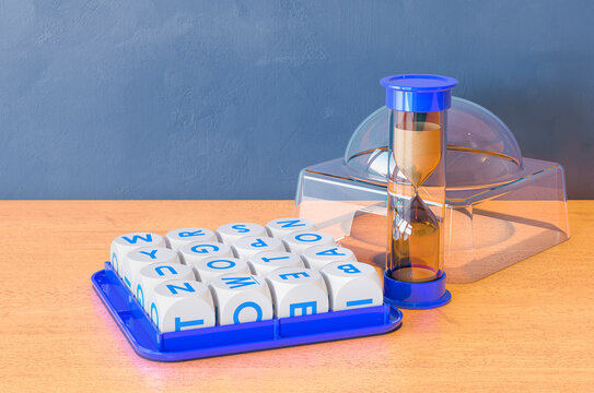Boggle Board Game on the wooden table. 3D rendering